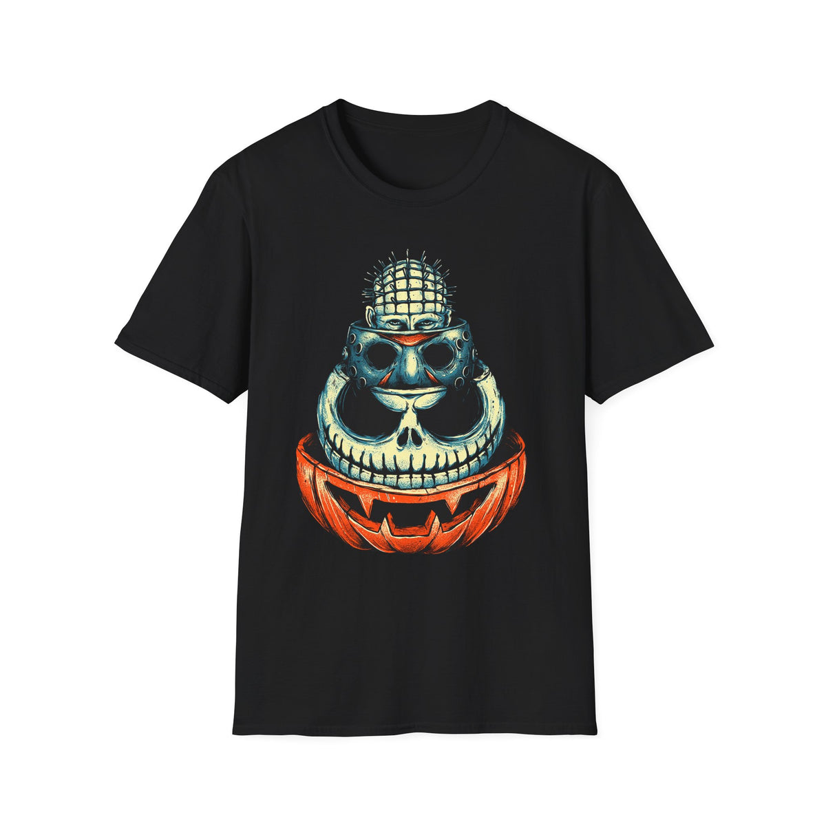 Skull Pumpkin Stack T‑Shirt — Halloween Horror Graphic Tee