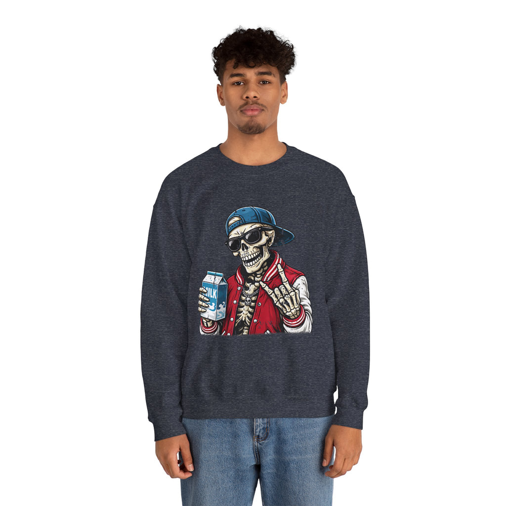 Skull Milk Crewneck Sweatshirt — Retro Skateboarding Skeleton Design