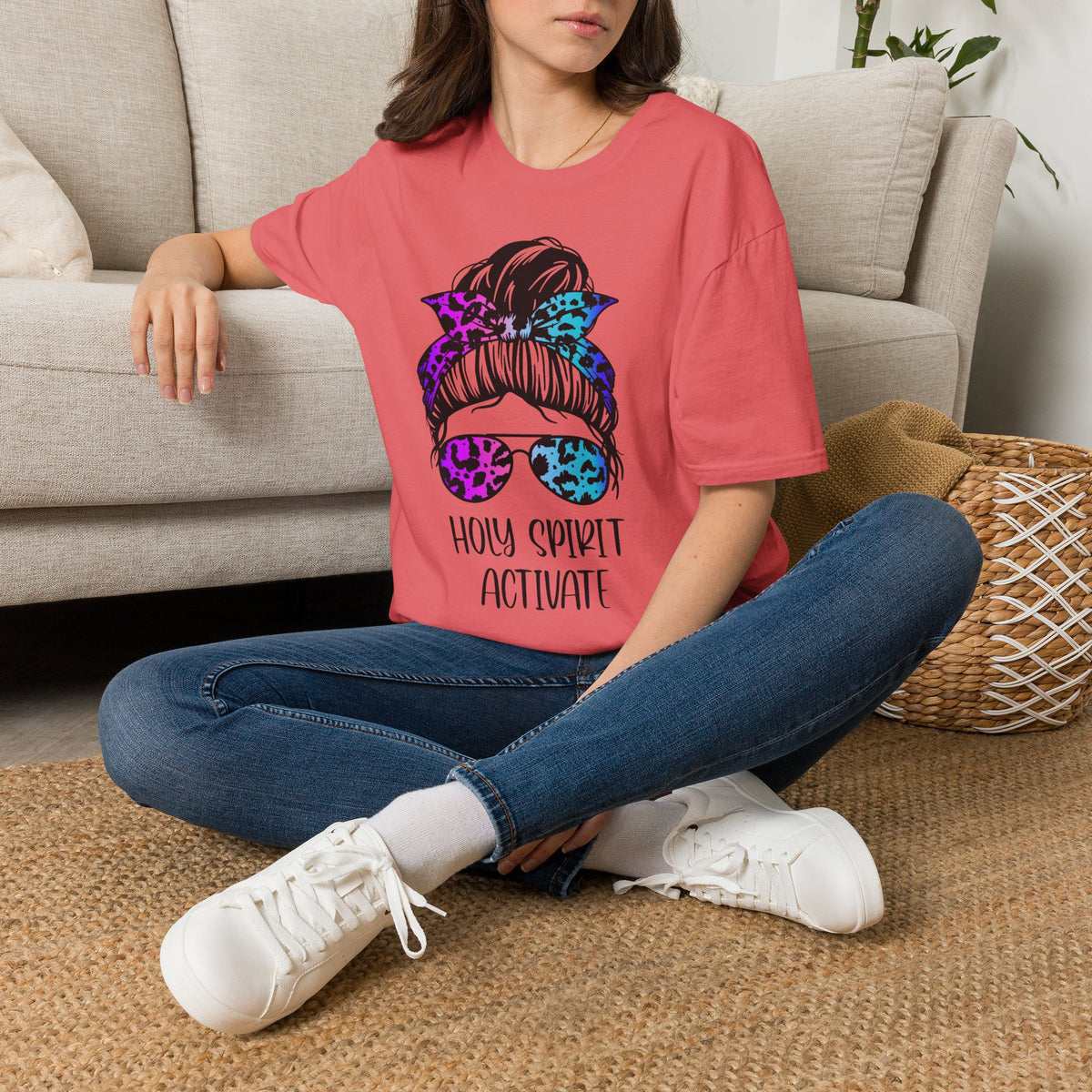 T-Shirt — Holy Spirit Activate Messy Bun Graphic Tee (Leopard Bow & Sunglasses)