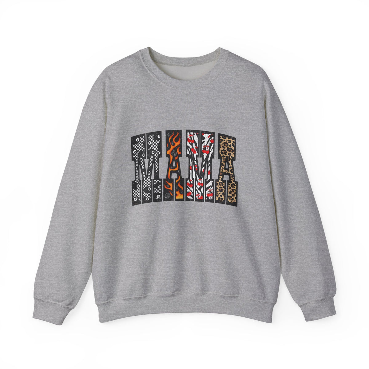Mama Patchwork Crewneck Sweatshirt — White Graphic "MAMA" Patterned Pullover