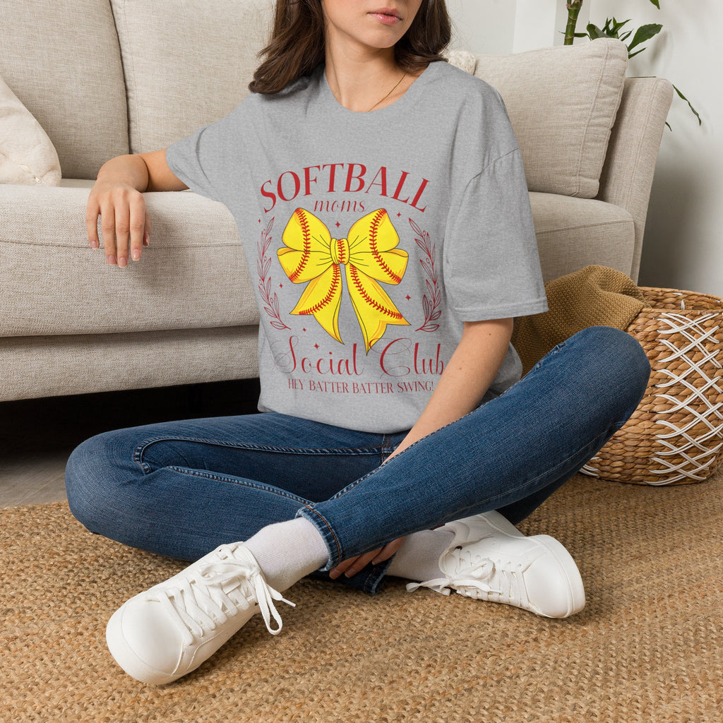 Softball Mom T-Shirt — Yellow Bow Baseball Stitch Design