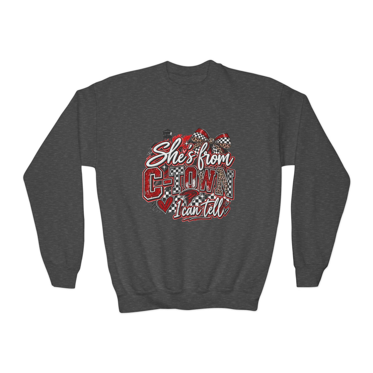 Youth Crewneck Sweatshirt - "She's From C-town I Can Tell" Leopard Plaid Graphic