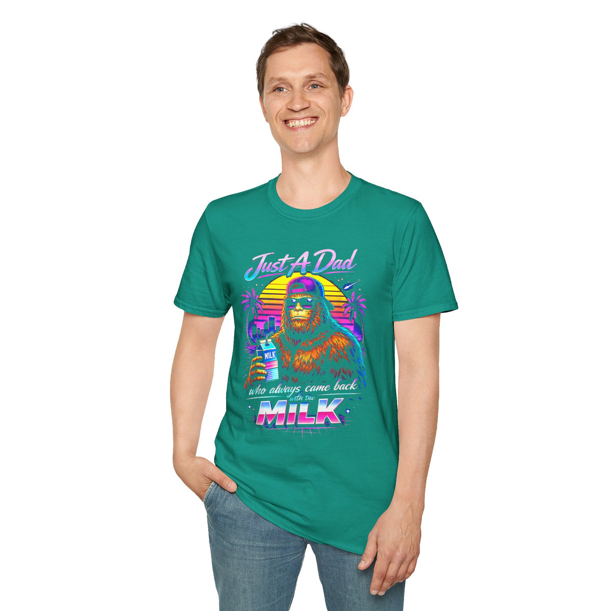 Just A Dad Neon Graphic T-Shirt — Retro Bigfoot Fatherhood 'He Always Comes Back for Milk' Tee