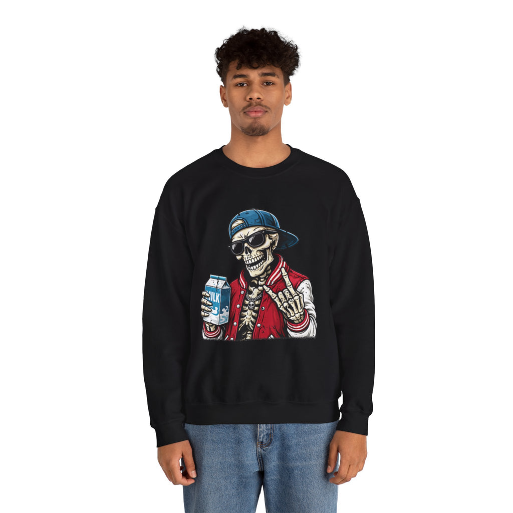Skull Milk Crewneck Sweatshirt — Retro Skateboarding Skeleton Design