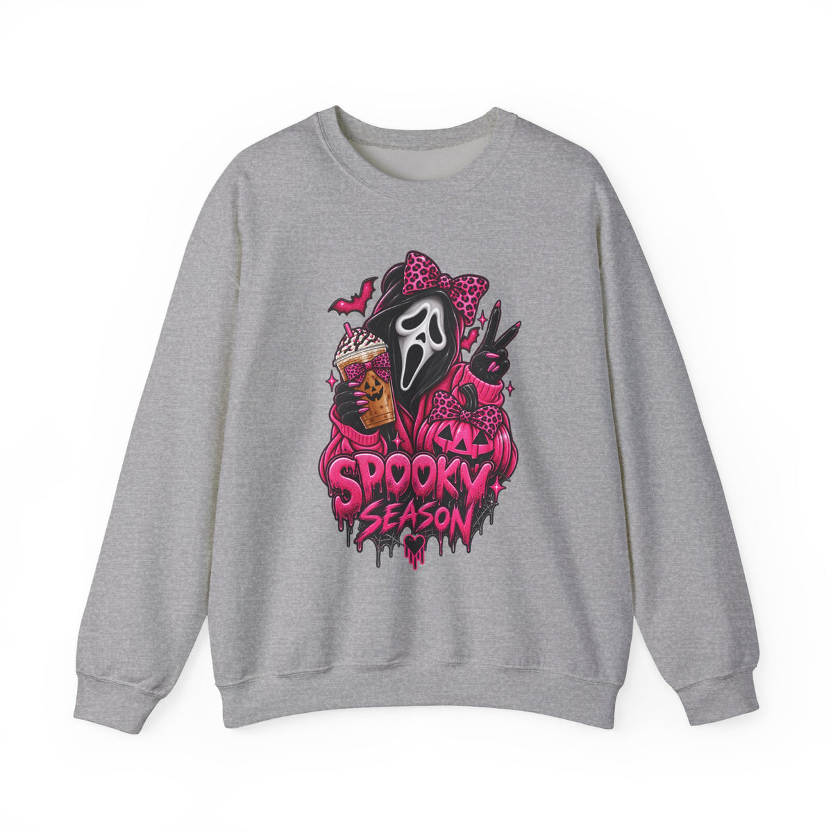 Spooky Season Crewneck Sweatshirt — Pink Horror Mask Graphic