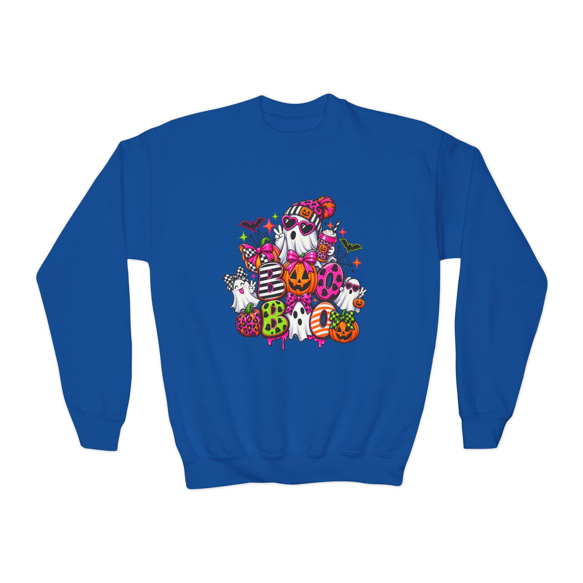 Youth Halloween Crewneck Sweatshirt — Colorful Haunted Pumpkin & Ghost Design