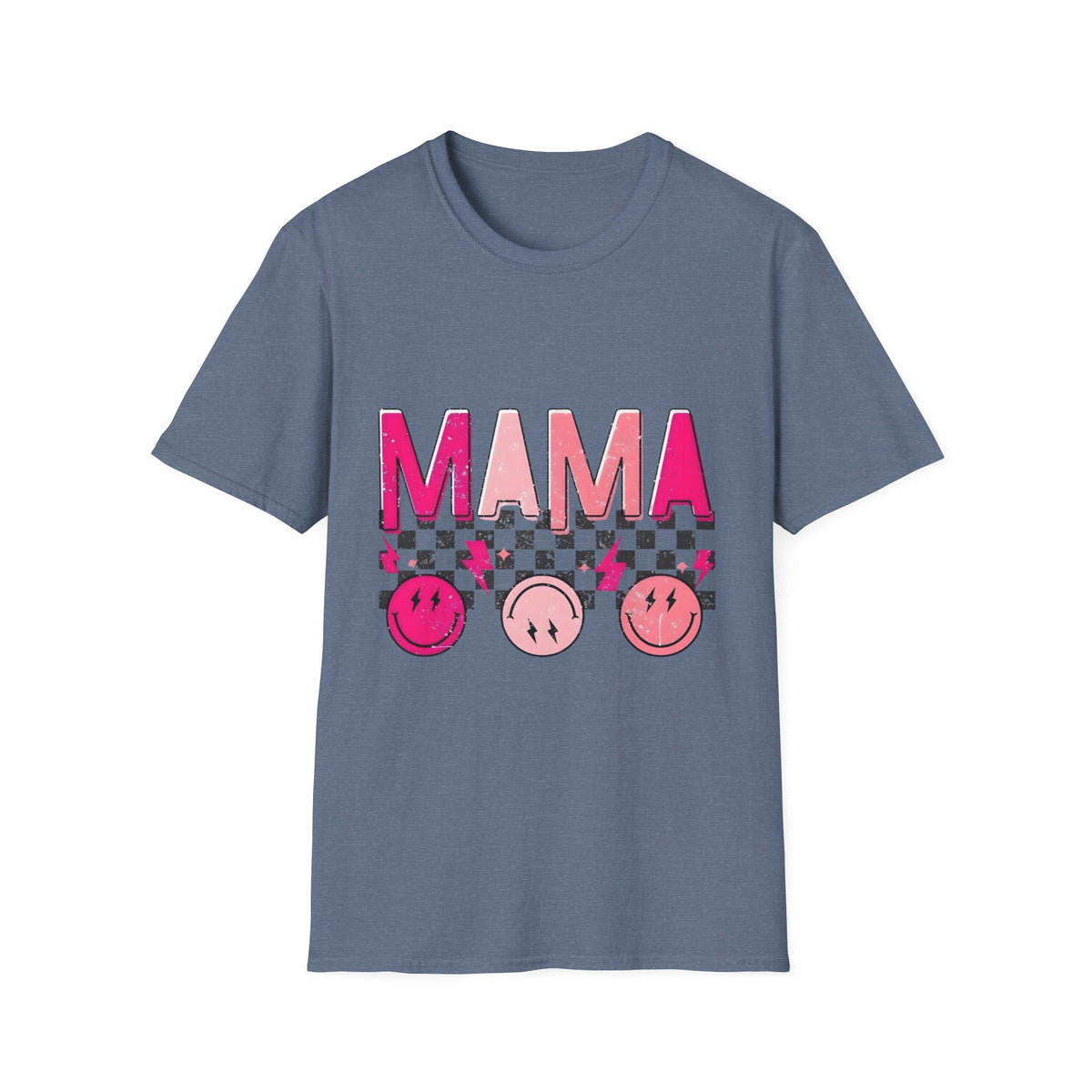 Mama Graphic T-Shirt — Pink Checkerboard Smiley Design