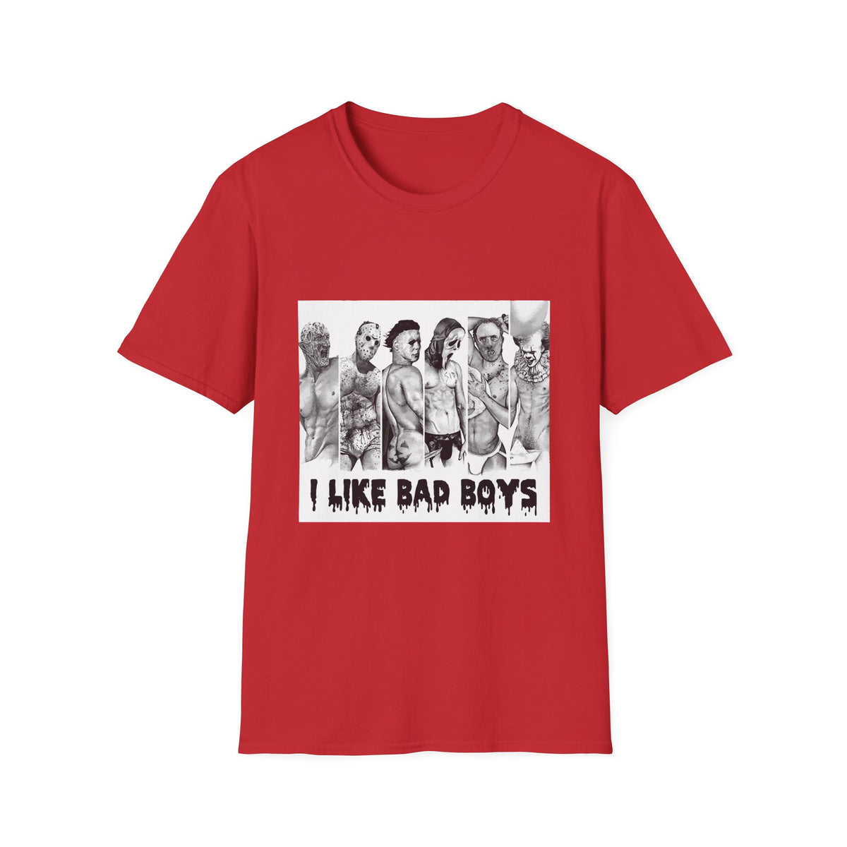 T-Shirt — 'I Like Bad Boys' Graphic Tee with Edgy Male Portrait Lineup