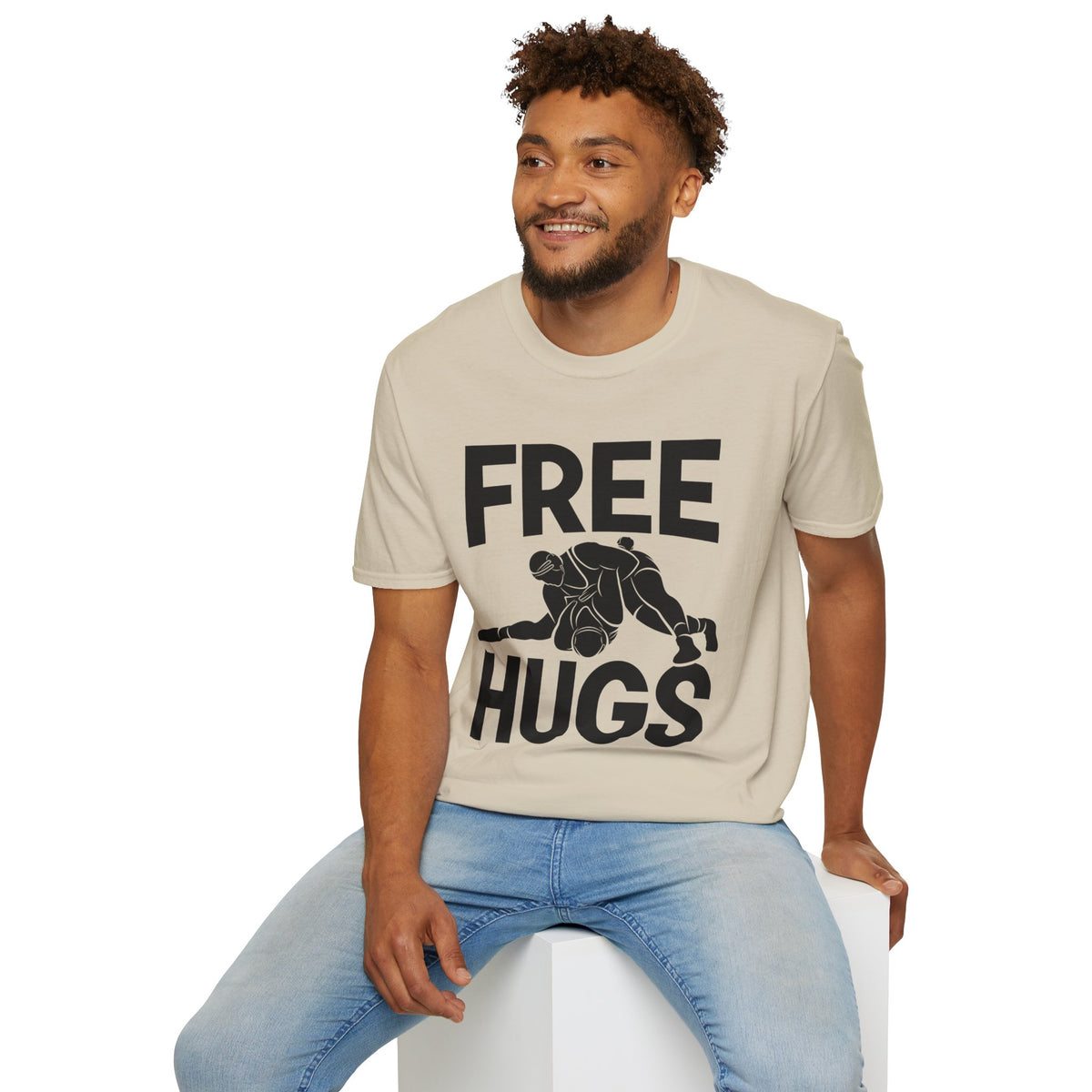 Free Hugs T-Shirt — Playful Graphic Tee with Hugging Illustration