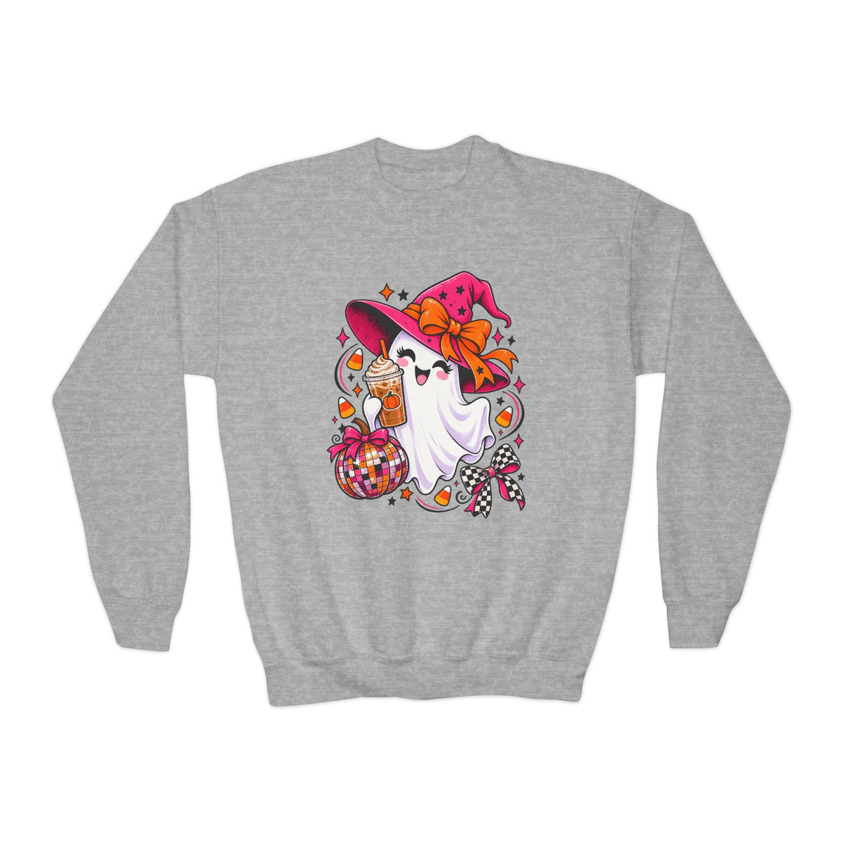 Kids' Halloween Ghost Crewneck Sweatshirt – Cute Ghost in Witch Hat Pumpkin Candy Design