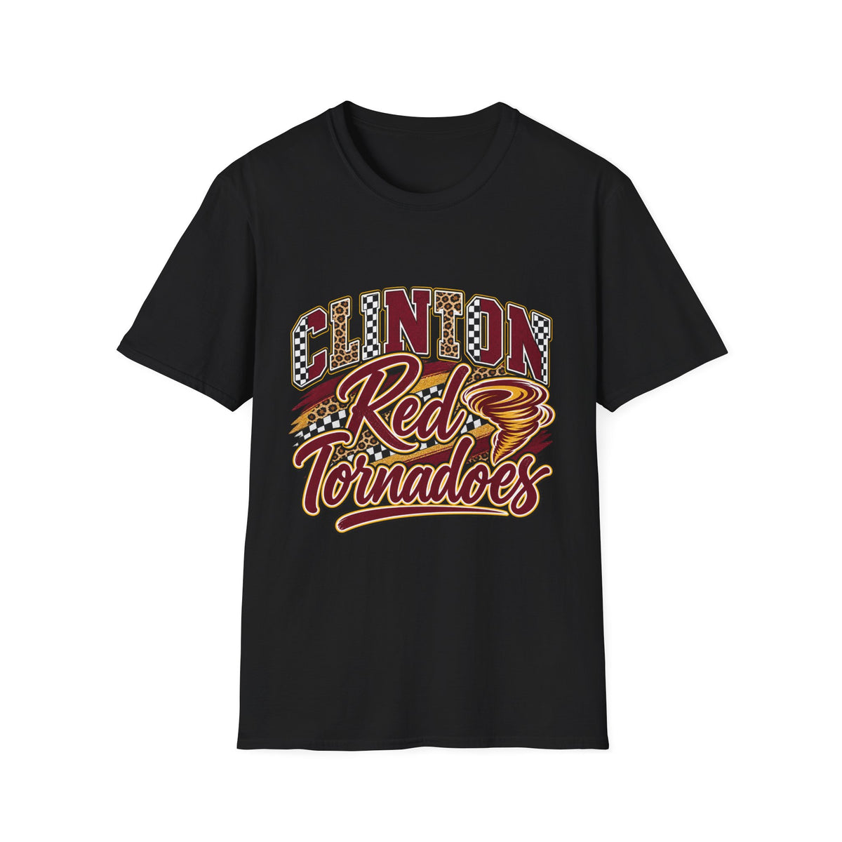 Clinton Reds Tornadoes Graphic T-Shirt — Leopard & Checker Retro School Spirit Tee