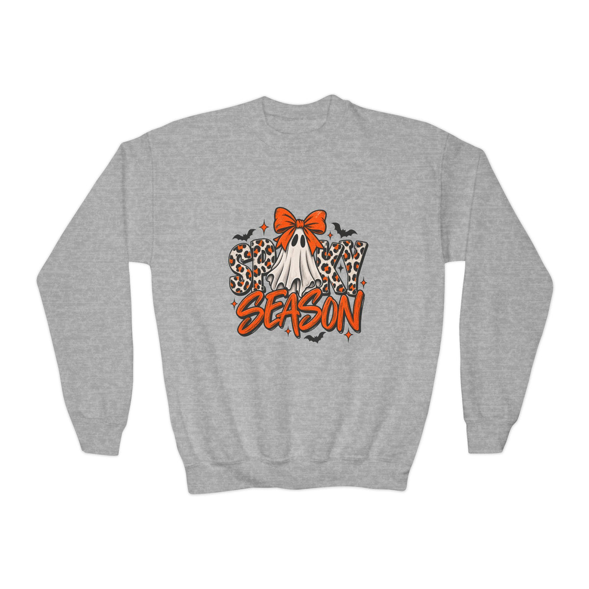 Youth Crewneck Sweatshirt — 'Spooky Season' Leopard Pumpkin Graphic