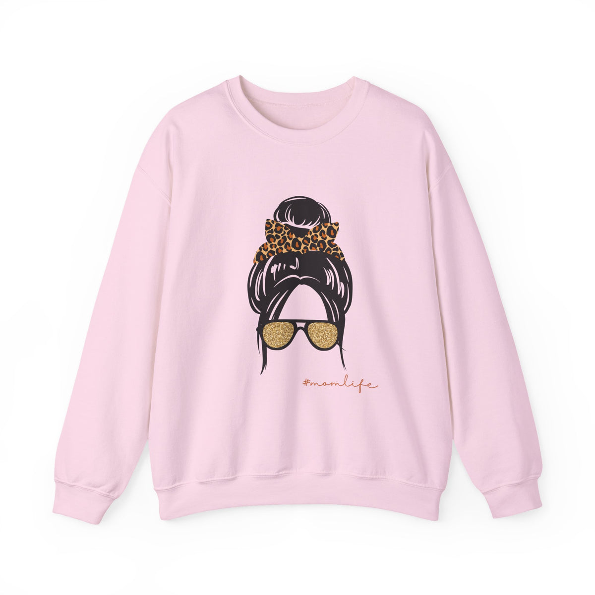 Crewneck Sweatshirt — Messy Bun with Leopard Scrunchie & Sunglasses “Mom Life” Graphic