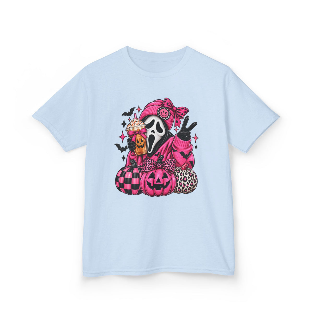 Kids Halloween Scream Mask Tee — Pink Cute Ghost Pumpkin Graphic Shirt