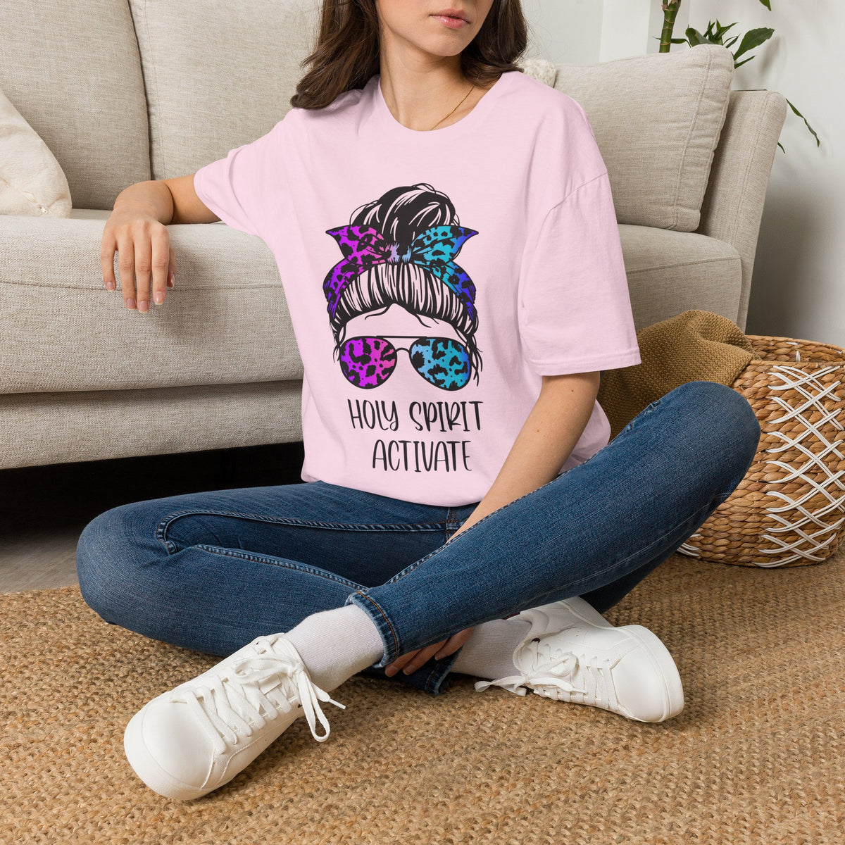 T-Shirt — Holy Spirit Activate Messy Bun Graphic Tee (Leopard Bow & Sunglasses)