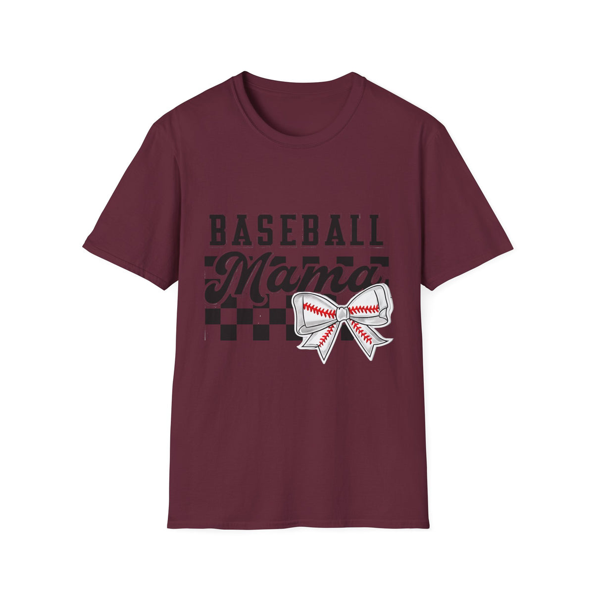 Baseball Mama T-Shirt — Checkerboard Bow Soft Tee for Baseball Moms