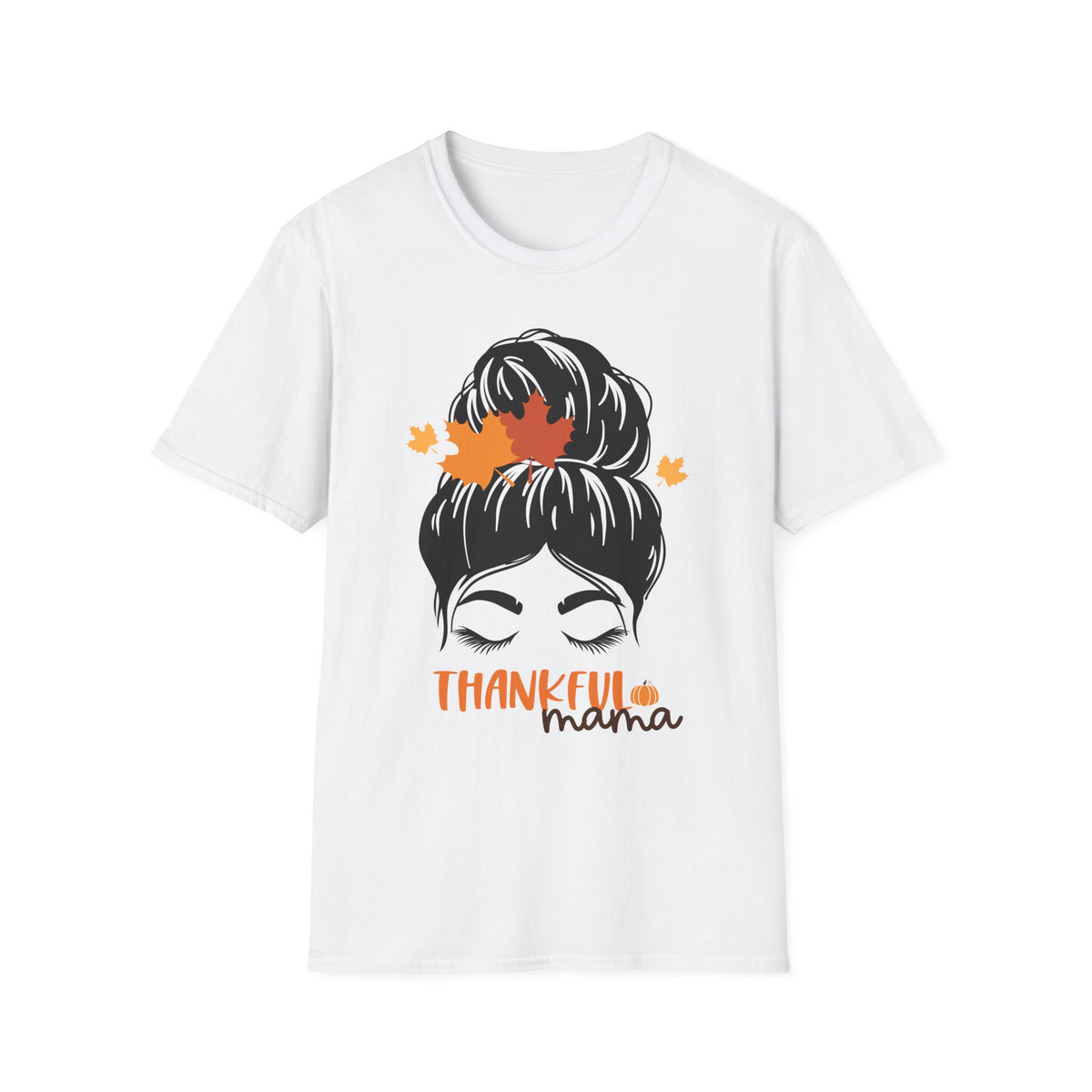 Thankful Mama T-Shirt — Messy Bun with Fall Leaves