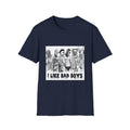 T-Shirt — 'I Like Bad Boys' Graphic Tee with Edgy Male Portrait Lineup