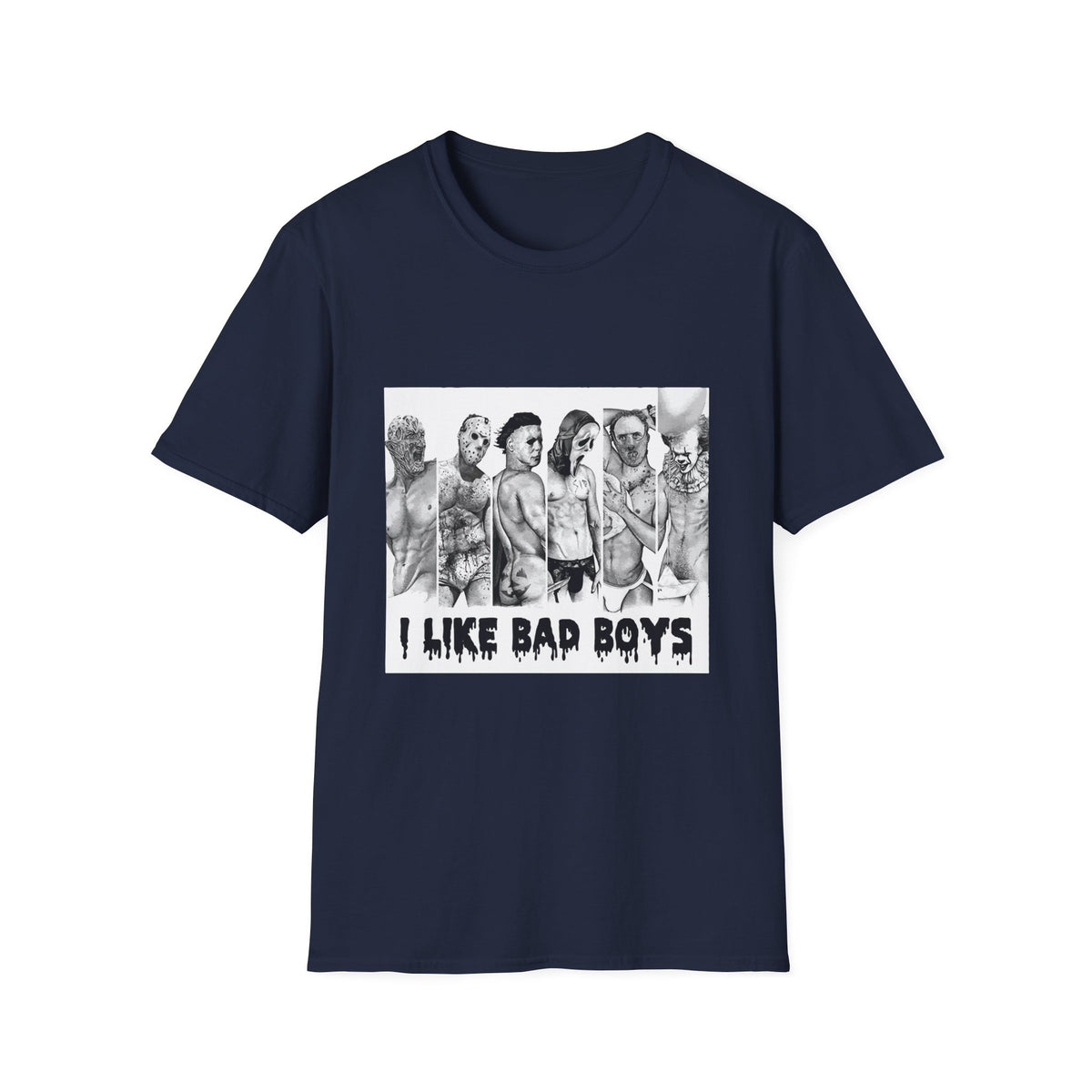 T-Shirt — 'I Like Bad Boys' Graphic Tee with Edgy Male Portrait Lineup