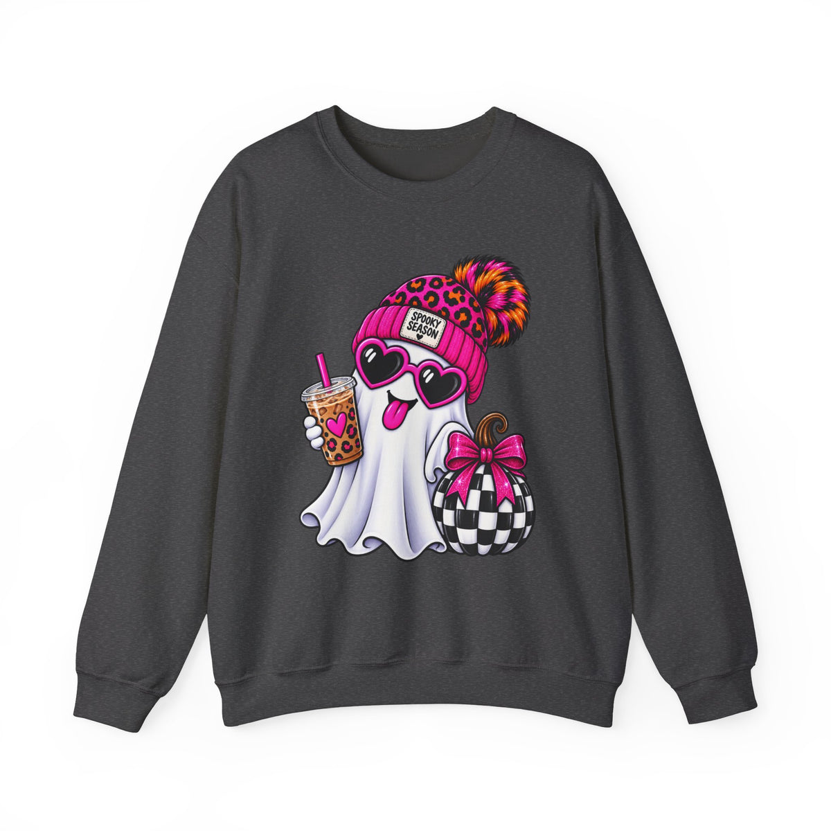 Ghost with Boba & Bow Sweatshirt — Cute Pink Leopard Beanie Halloween Crewneck
