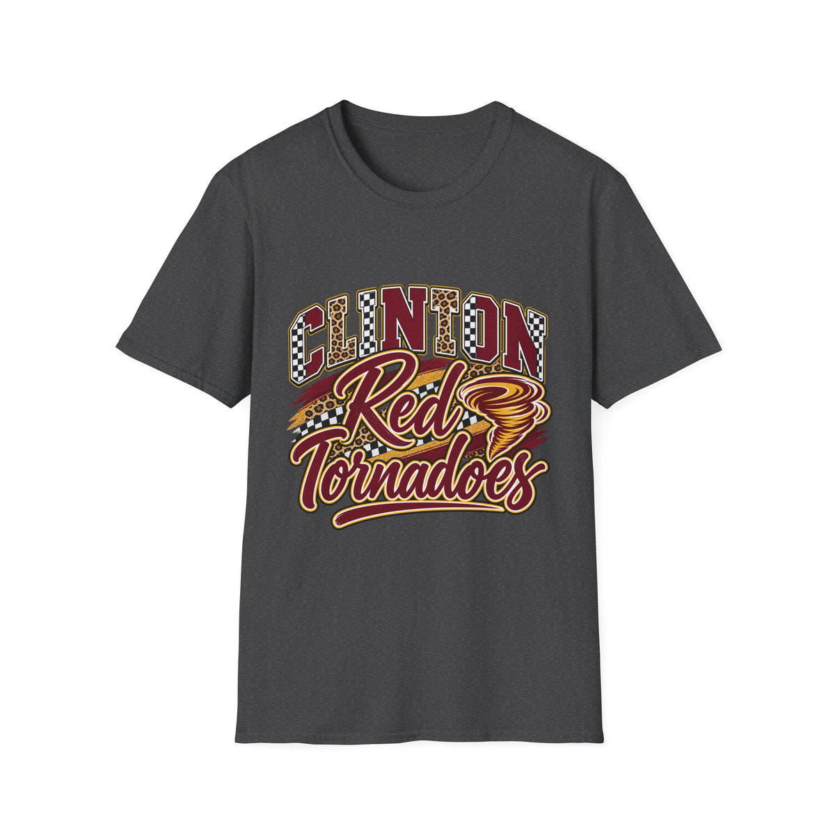 Clinton Reds Tornadoes Graphic T-Shirt — Leopard & Checker Retro School Spirit Tee