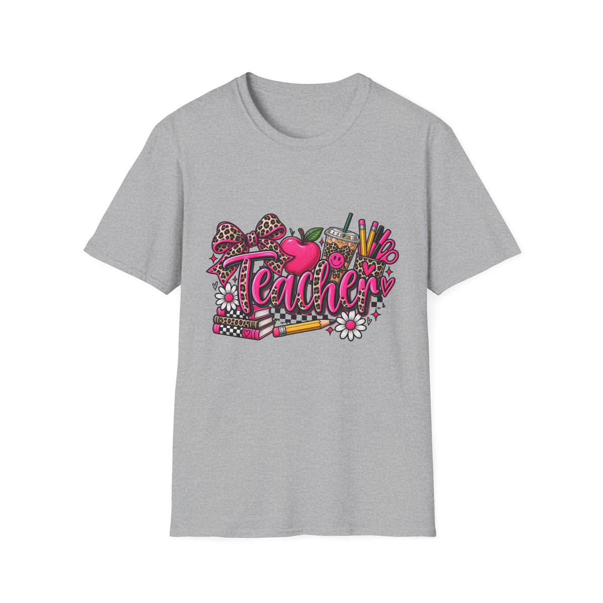 Teacher Graphic T-Shirt — Leopard Print Apple & School Supplies Design