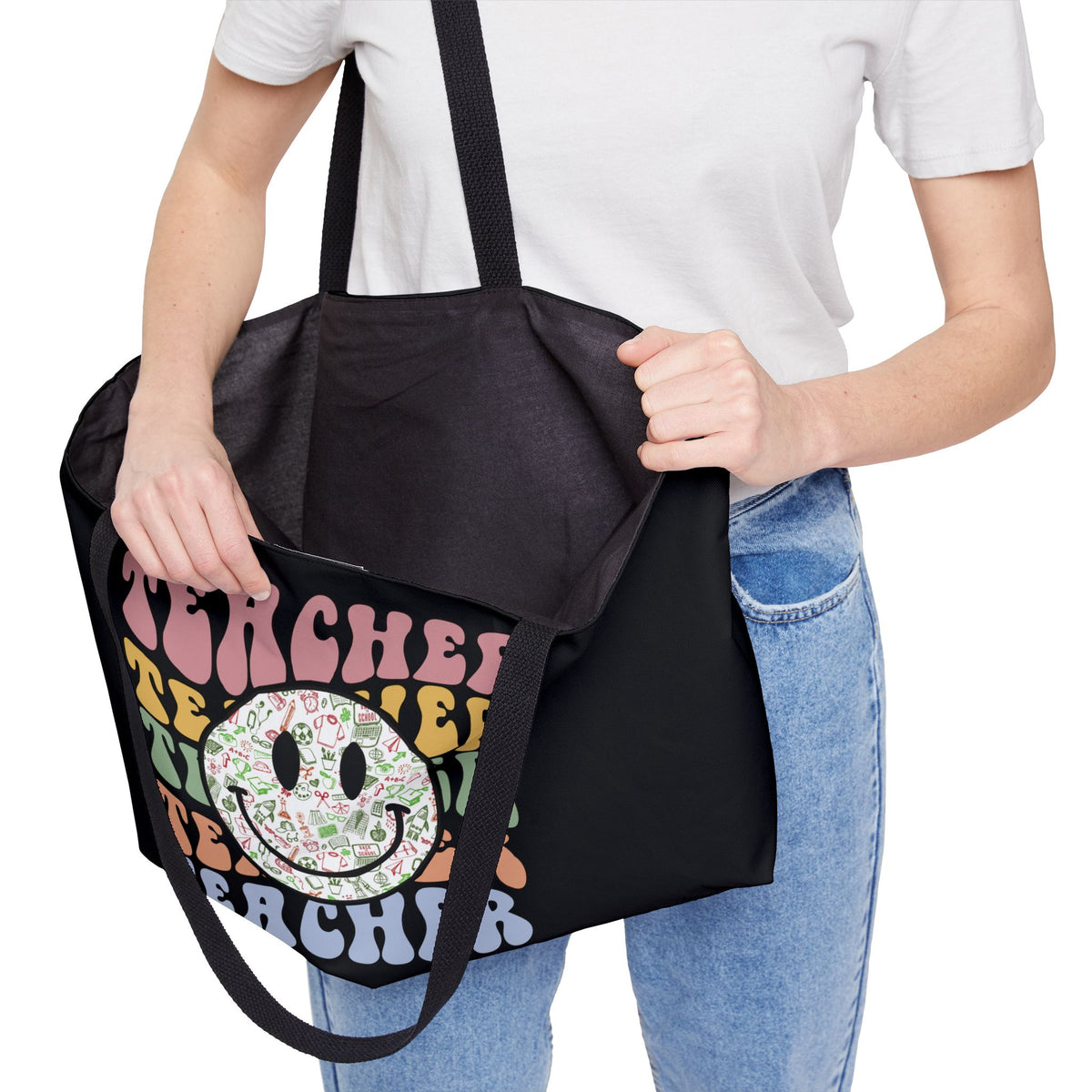 Teacher Smiley Weekender Tote Bag — Retro Floral Smile Teacher Gift