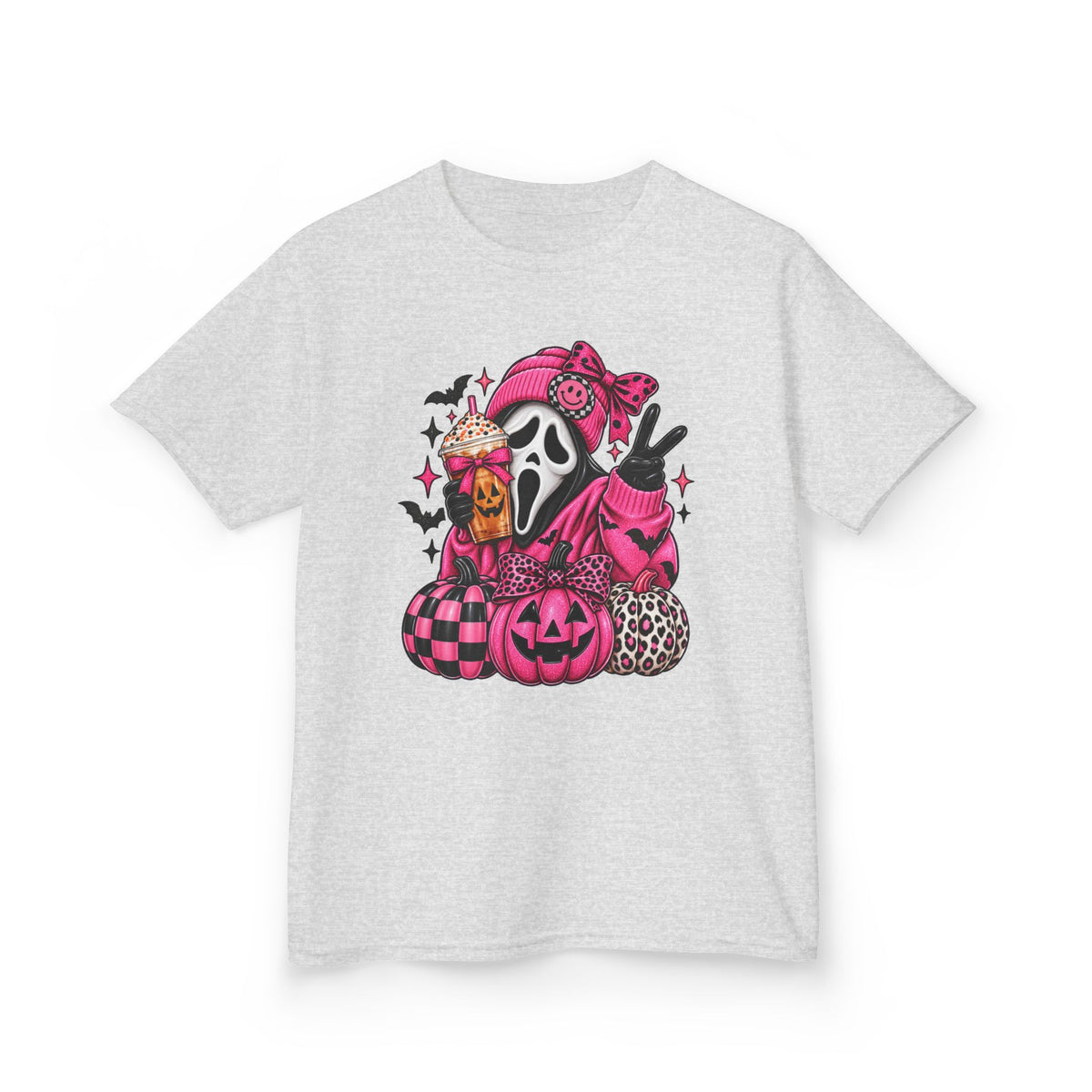 Kids Halloween Scream Mask Tee — Pink Cute Ghost Pumpkin Graphic Shirt