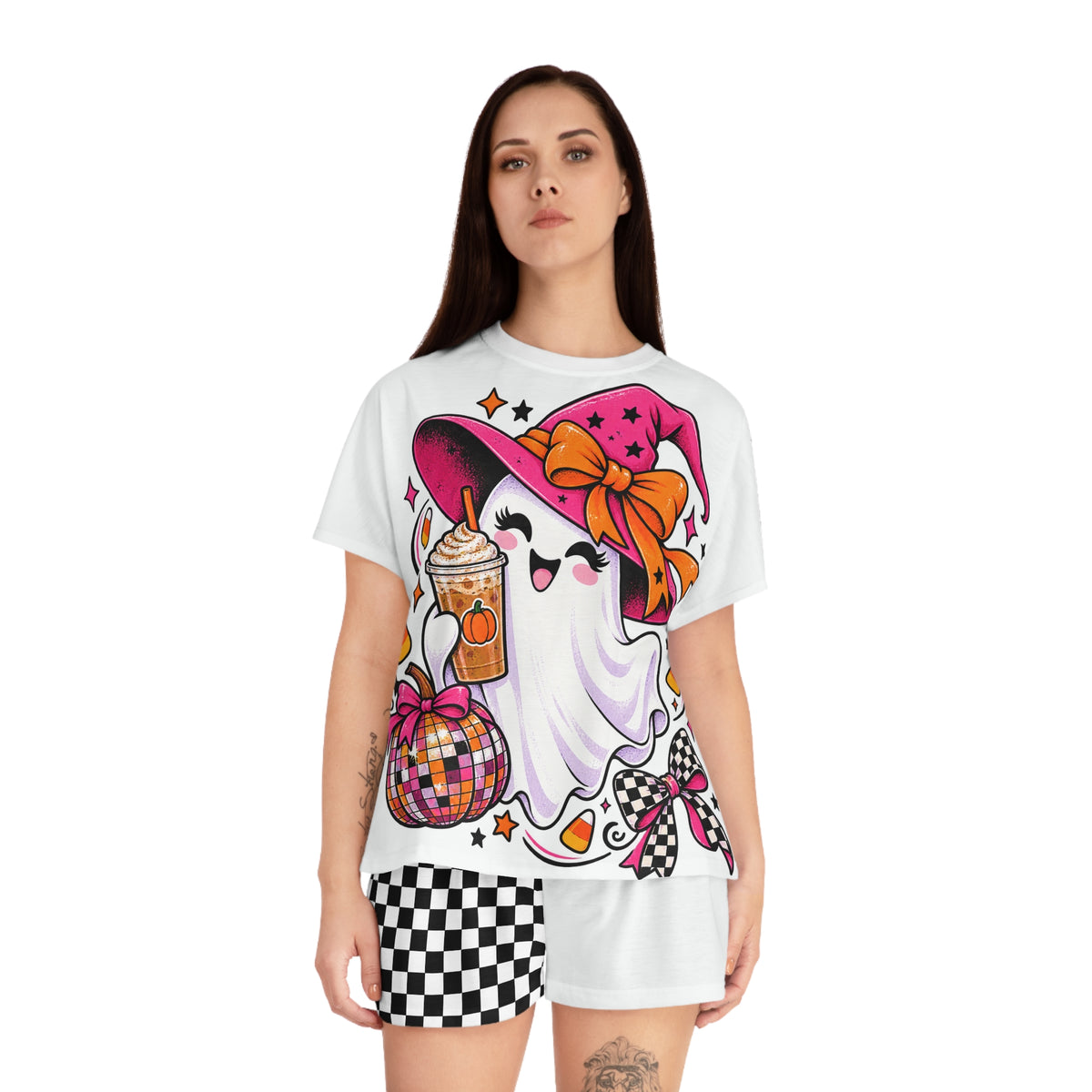 Cute Halloween Ghost Pajama Set — Women's Short Sleepwear with Checkerboard Shorts