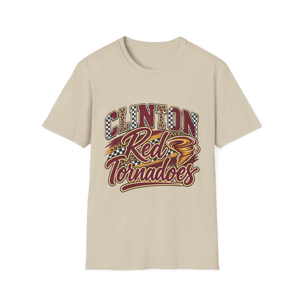 Clinton Reds Tornadoes Graphic T-Shirt — Leopard & Checker Retro School Spirit Tee