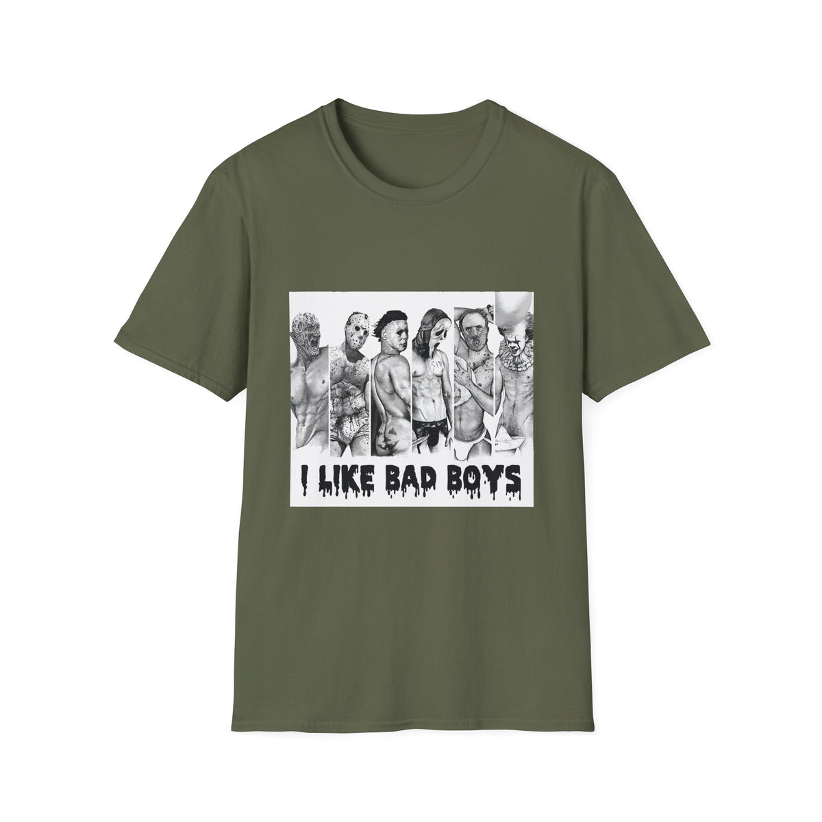 T-Shirt — 'I Like Bad Boys' Graphic Tee with Edgy Male Portrait Lineup