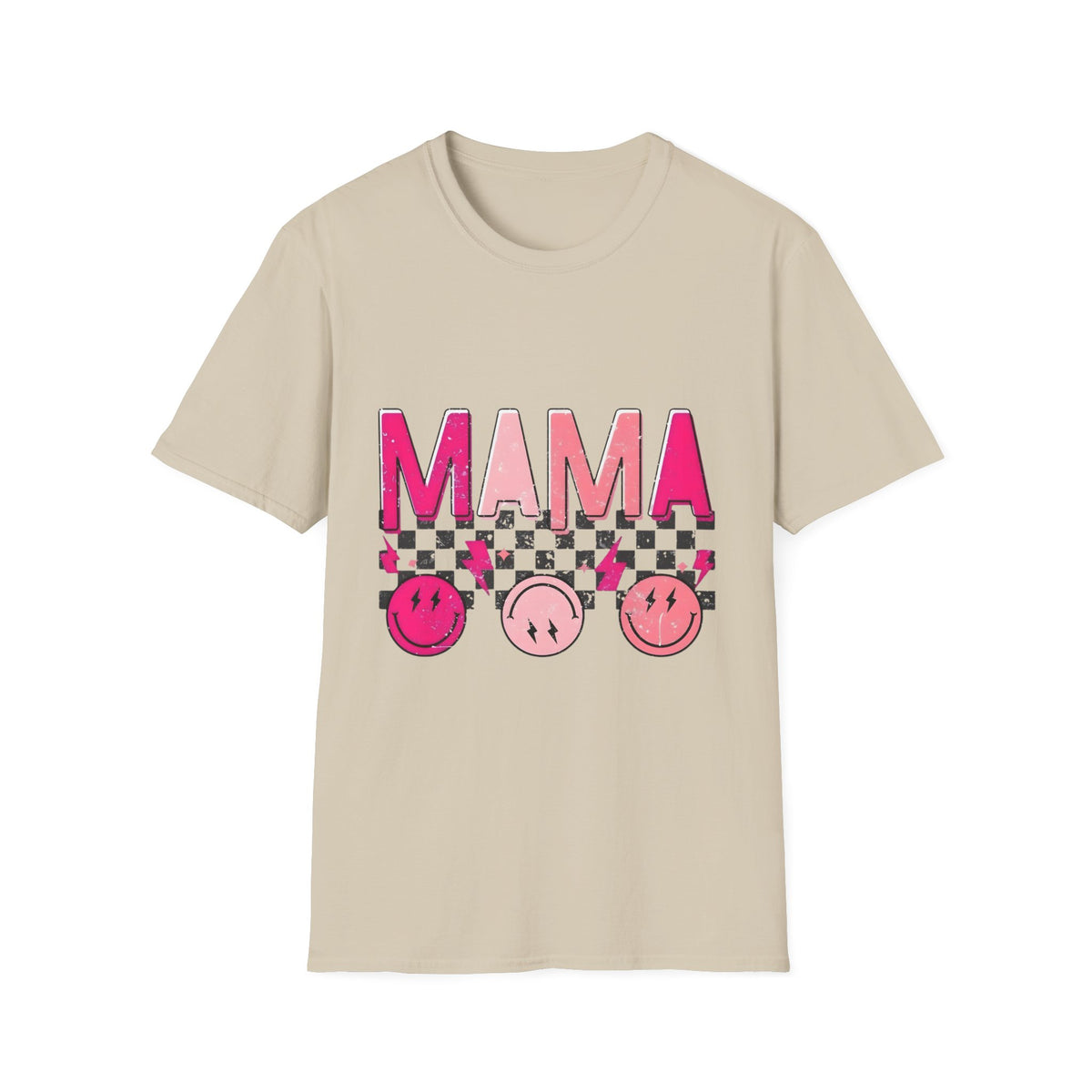 Mama Graphic T-Shirt — Pink Checkerboard Smiley Design