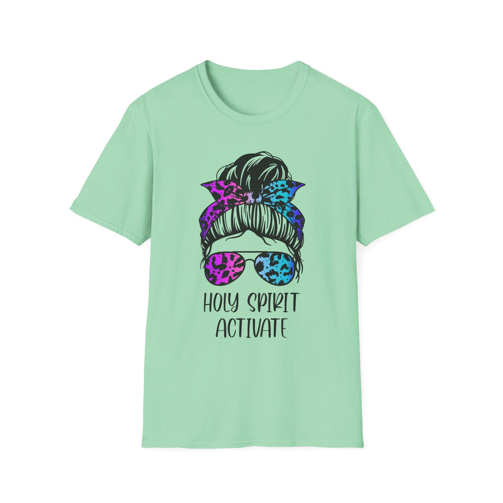 T-Shirt — Holy Spirit Activate Messy Bun Graphic Tee (Leopard Bow & Sunglasses)