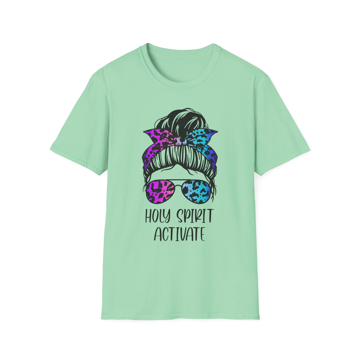 T-Shirt — Holy Spirit Activate Messy Bun Graphic Tee (Leopard Bow & Sunglasses)