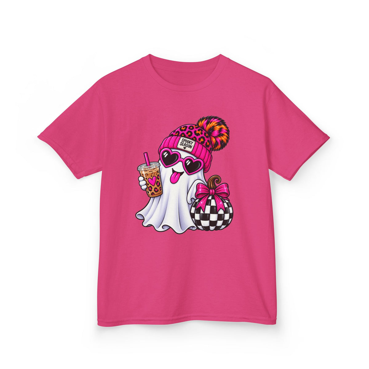 Kids Tee — Cute Halloween Ghost with Leopard Beanie, Boba & Gift