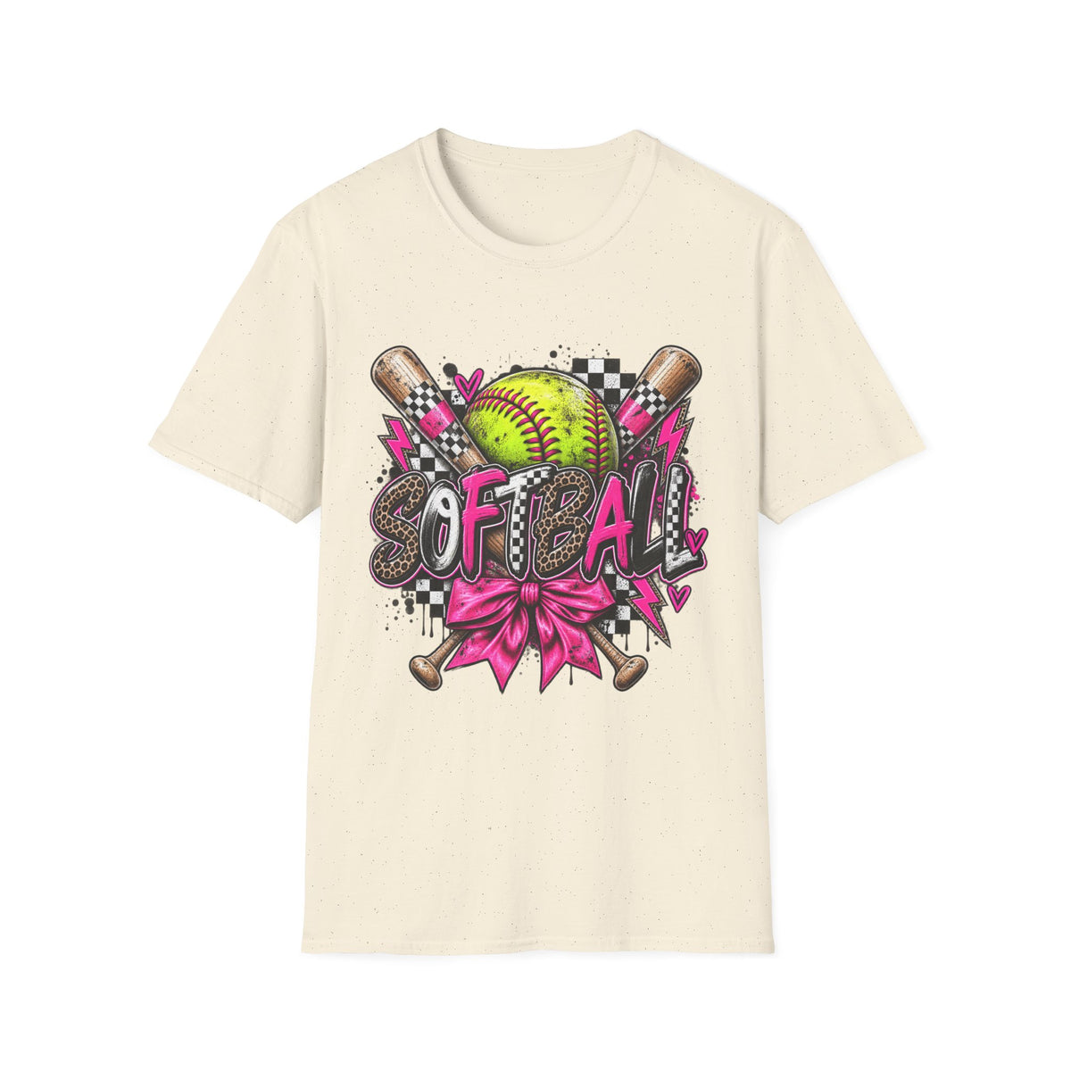 Softball Graphic Tee — Neon Softball, Bats & Bow Design