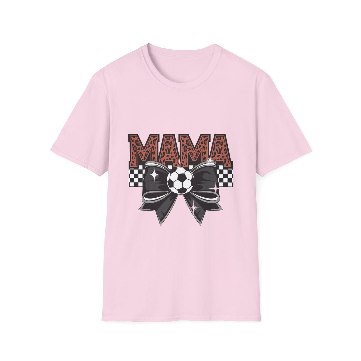 Mama Soccer Mom T-Shirt — Leopard Print & Checkered Bow Design