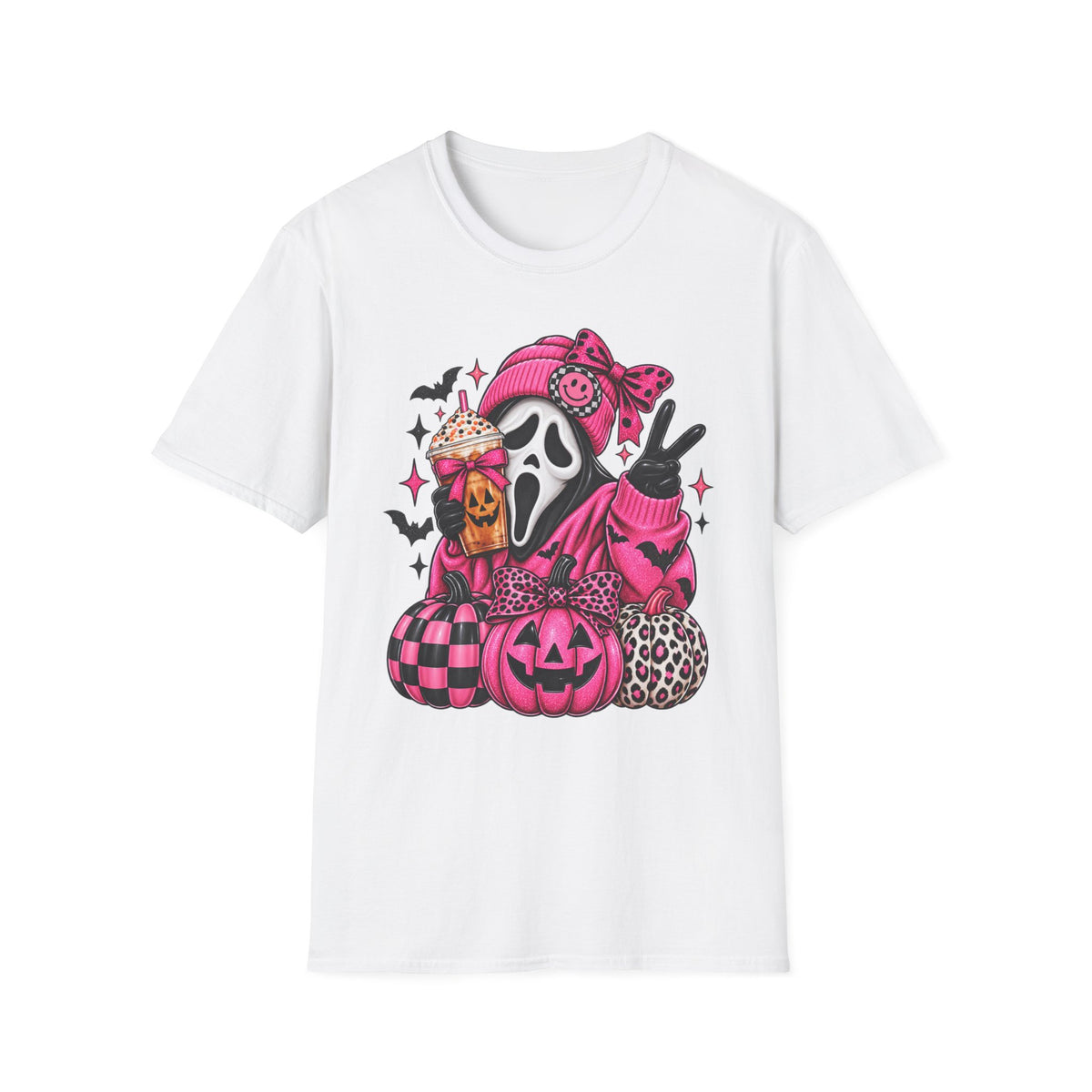 Halloween Scream Mask T-Shirt — Pink Goth Ghost with Pumpkin & Coffee