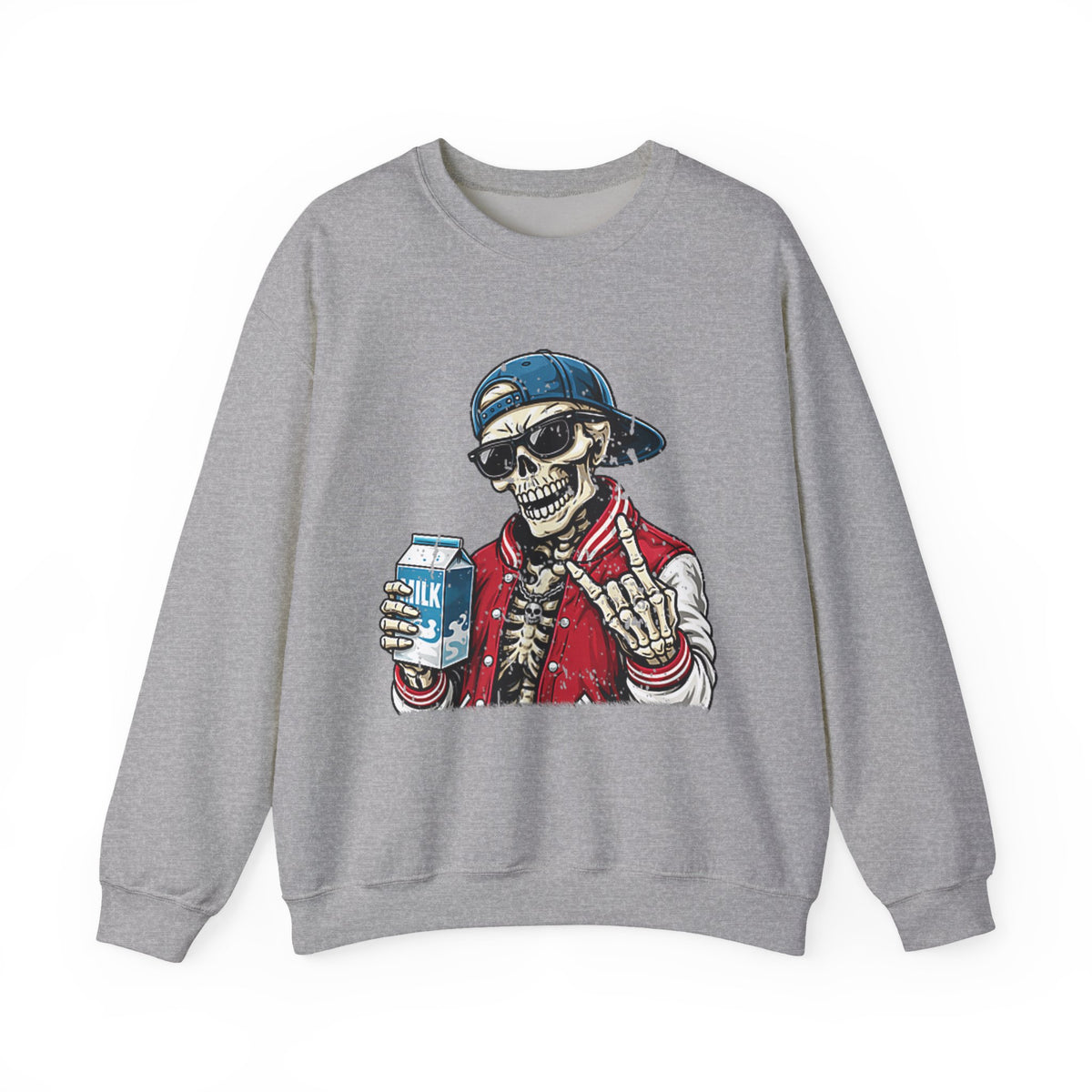 Skull Milk Crewneck Sweatshirt — Retro Skateboarding Skeleton Design