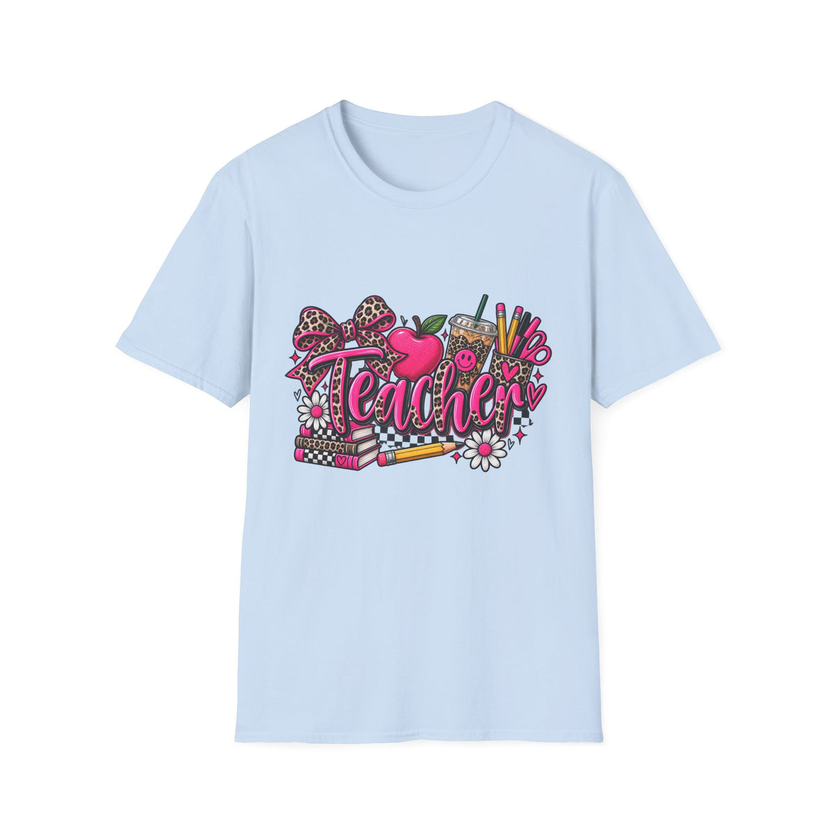 Teacher Graphic T-Shirt — Leopard Print Apple & School Supplies Design