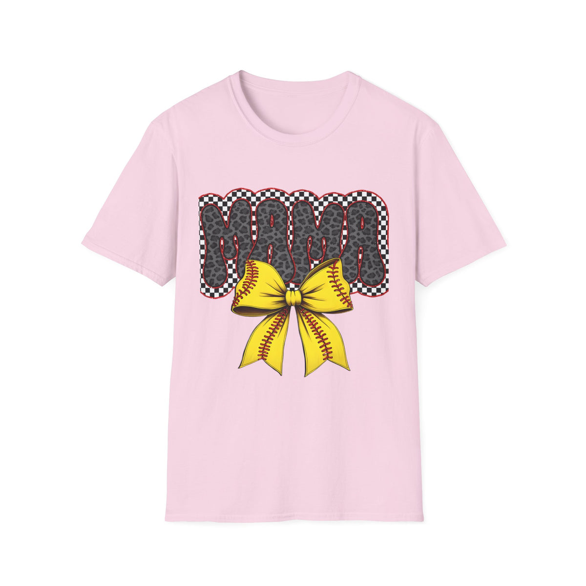 Mama Softball Tee — 'MAMA' Leopard Print with Yellow Stitch Bow