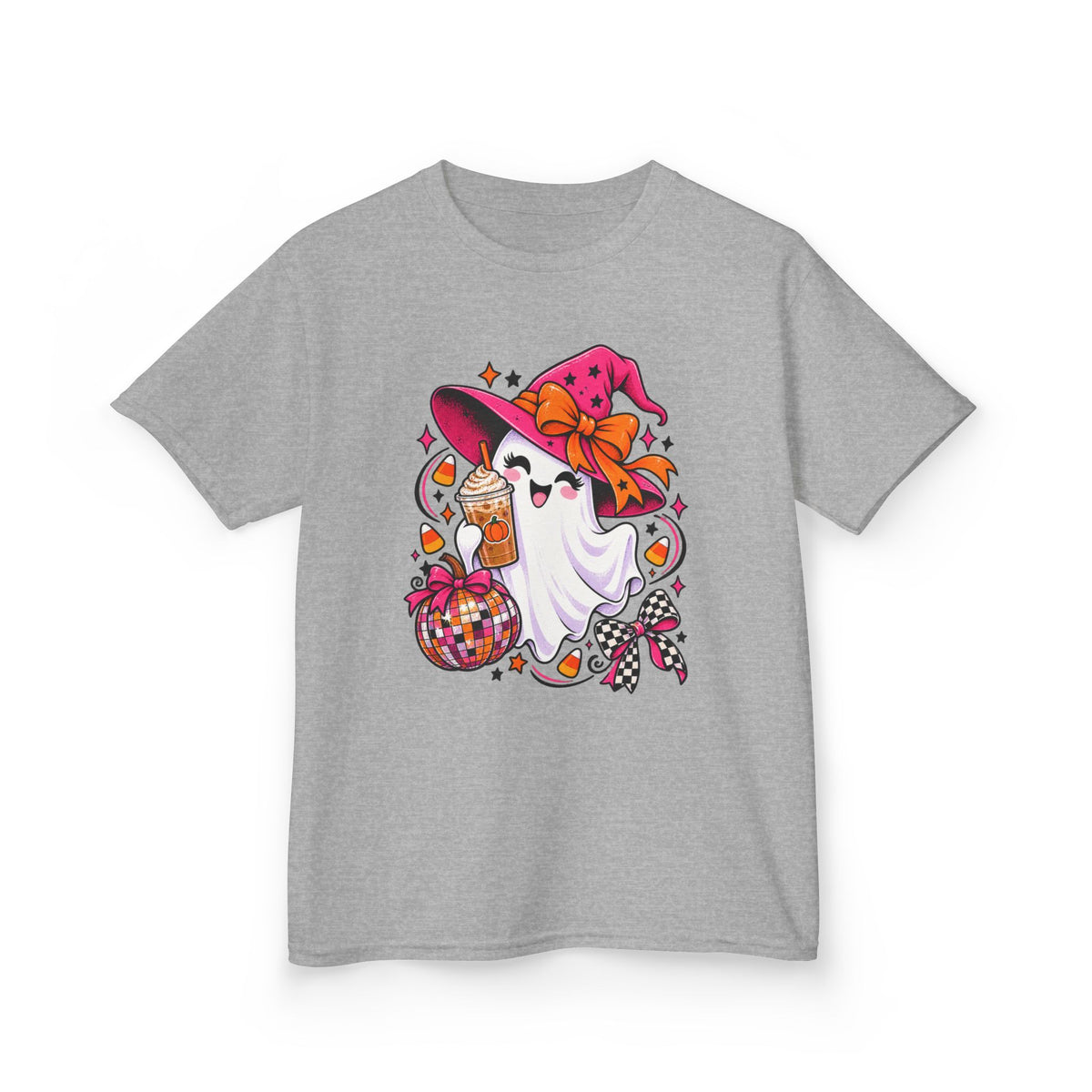 Kids Halloween Ghost T‑Shirt — Cute Witch Hat Ghost with Candy Basket