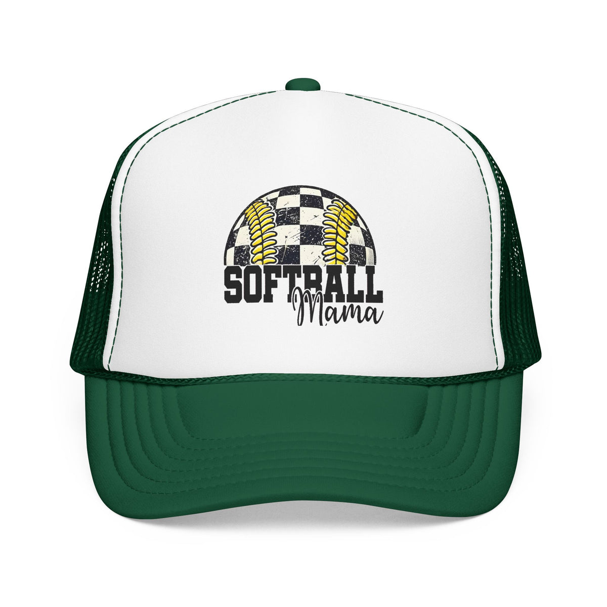 Softball Mama Trucker Hat — Checkered Softball Foam Cap for Baseball Moms