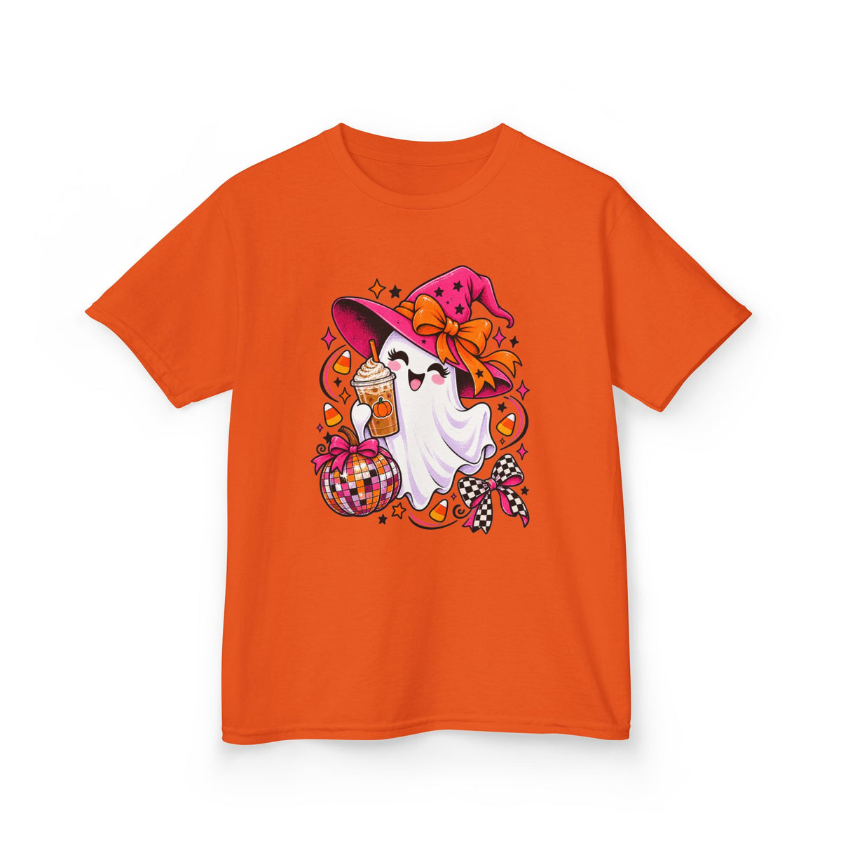Kids Halloween Ghost T‑Shirt — Cute Witch Hat Ghost with Candy Basket