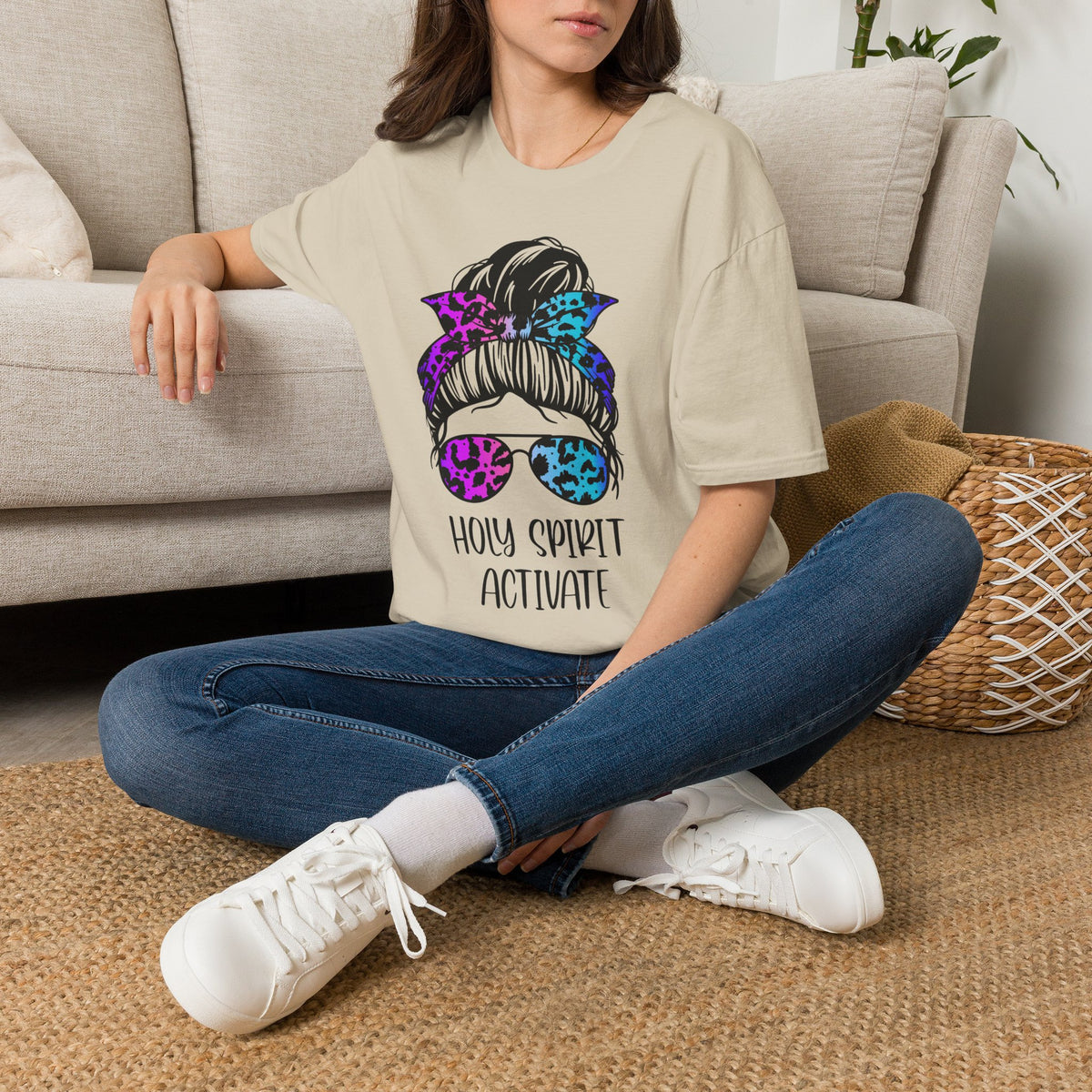 T-Shirt — Holy Spirit Activate Messy Bun Graphic Tee (Leopard Bow & Sunglasses)
