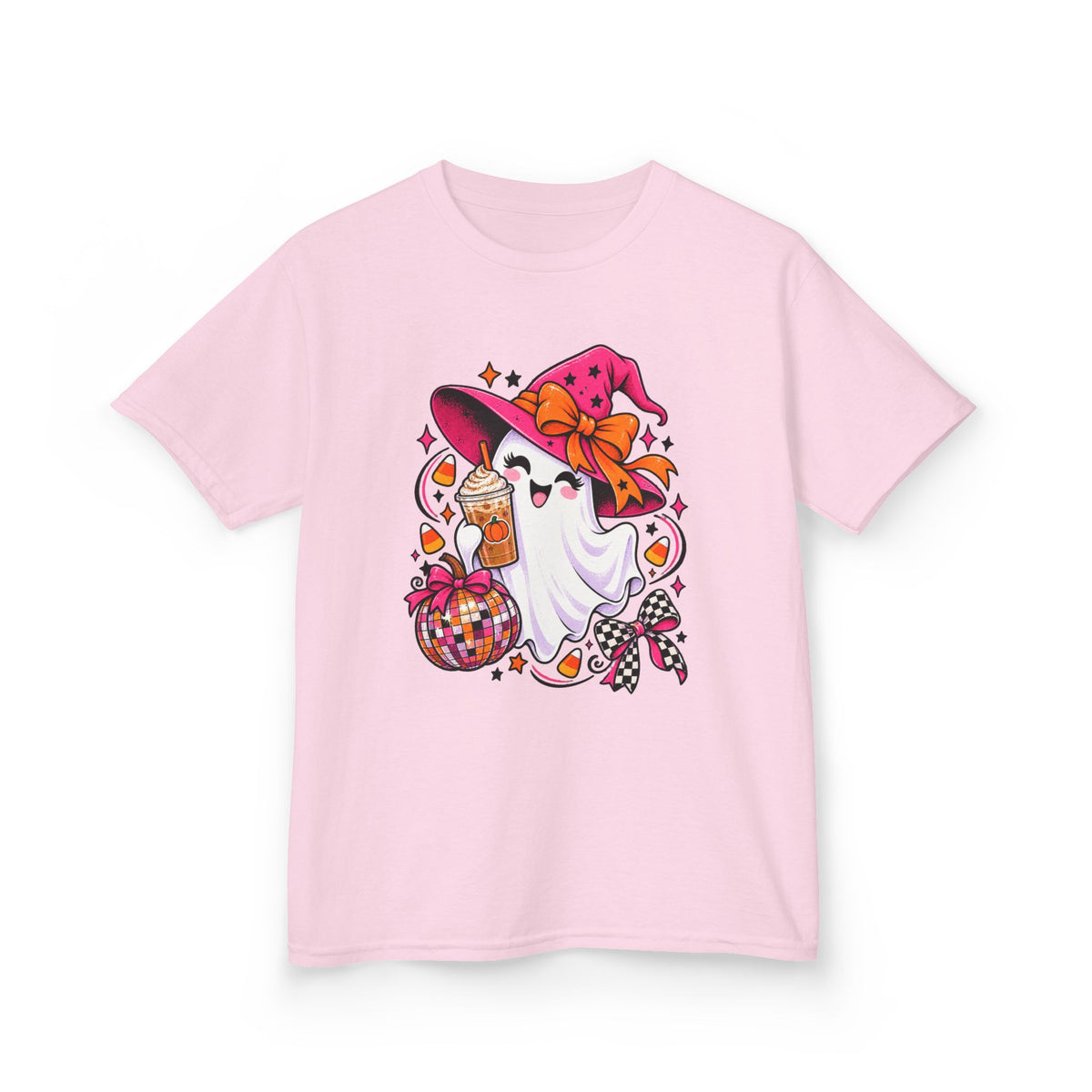 Kids Halloween Ghost T‑Shirt — Cute Witch Hat Ghost with Candy Basket