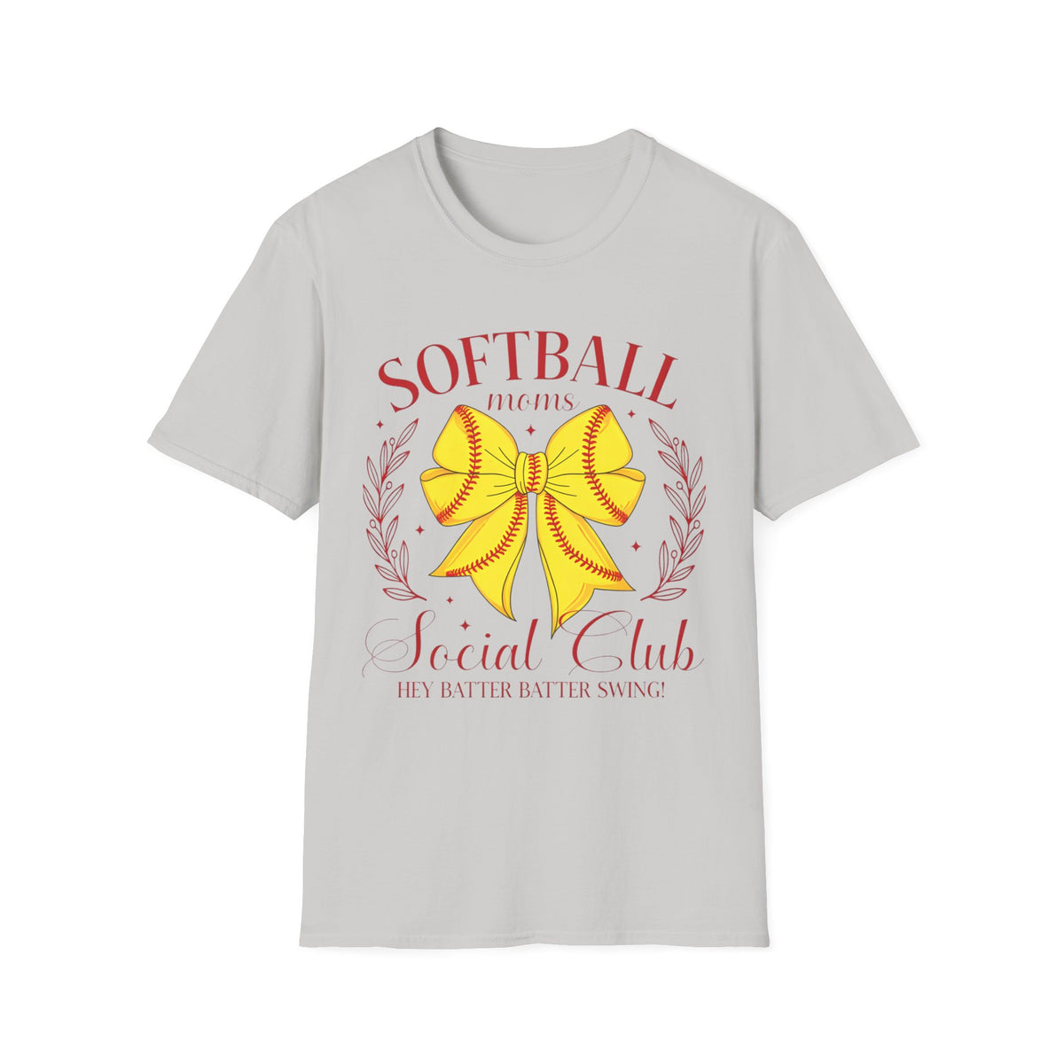 Softball Mom T-Shirt — Yellow Bow Baseball Stitch Design
