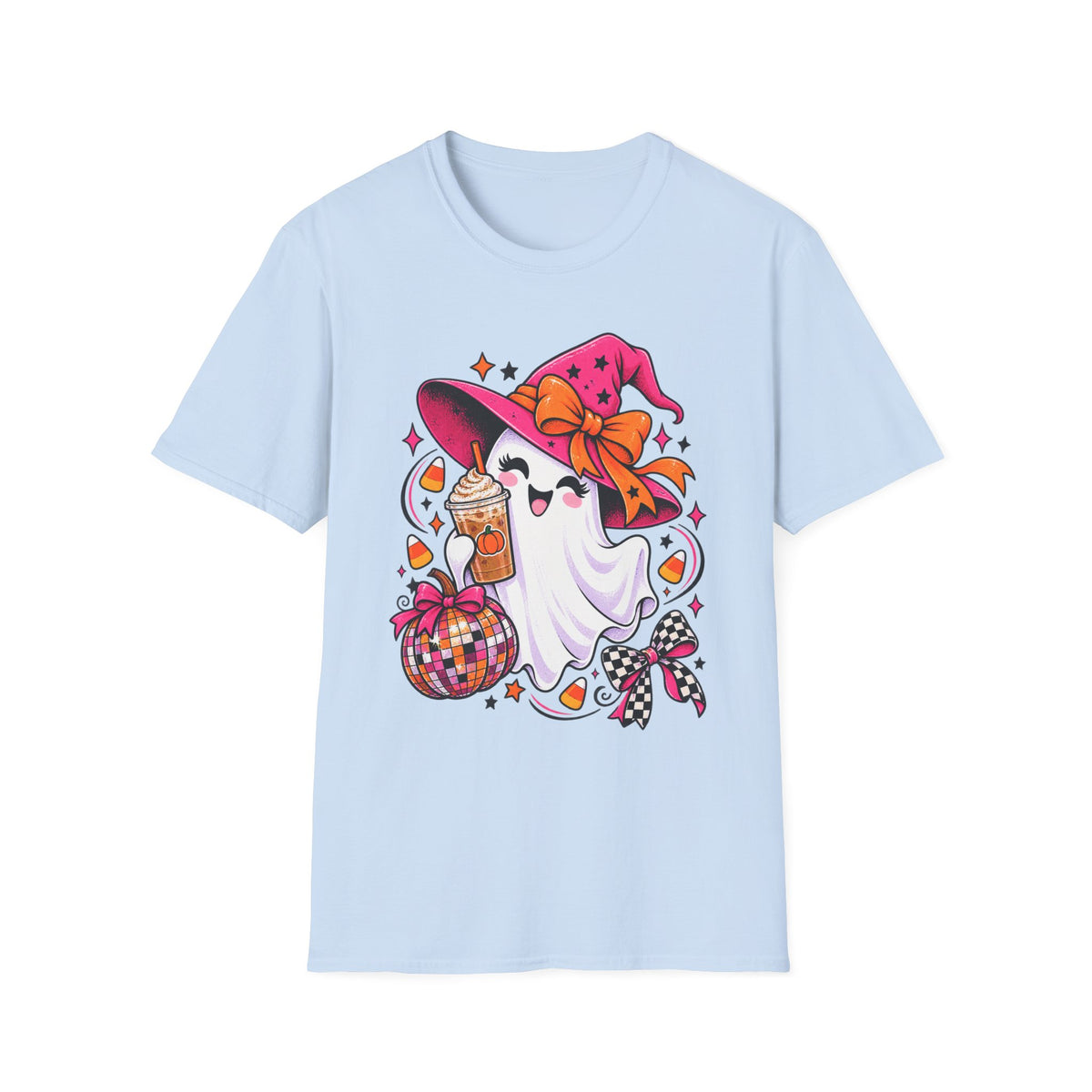 Cute Halloween Ghost Tee — Witch Hat, Candy & Pumpkin Latte Graphic T-Shirt