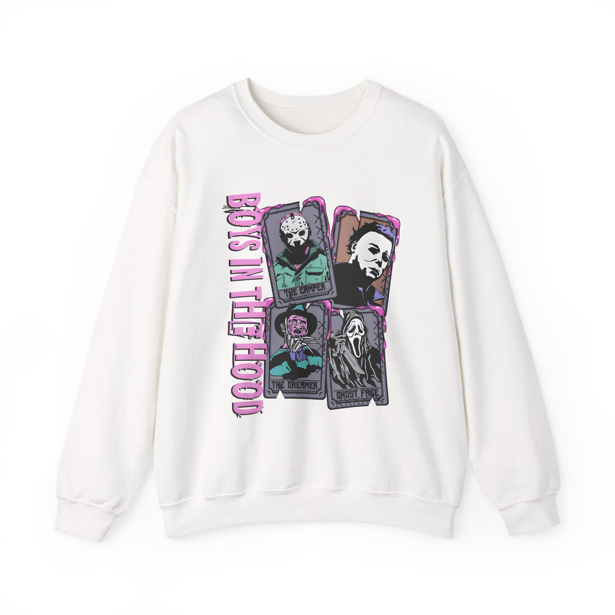Horror Icons Crewneck Sweatshirt — "Boys in the Hood" Retro Slasher Graphic