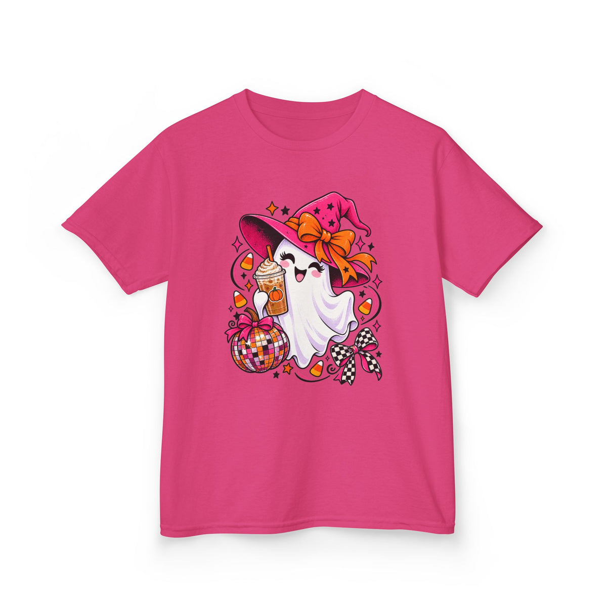 Kids Halloween Ghost T‑Shirt — Cute Witch Hat Ghost with Candy Basket